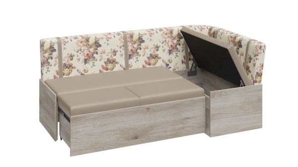 Скамья угловая со спальным местом «Париж» (Баттл Рок/ Цветы бежевые)