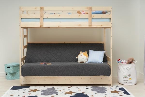 Двухъярусная кровать массив с диван-кроватью темно-серый / натуральный