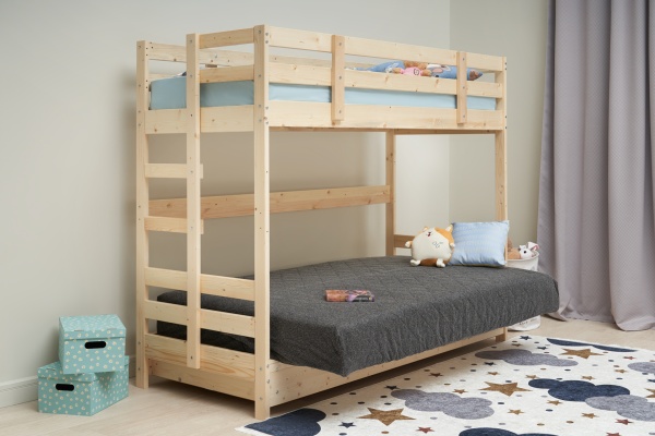 Двухъярусная кровать массив с диван-кроватью темно-серый / натуральный